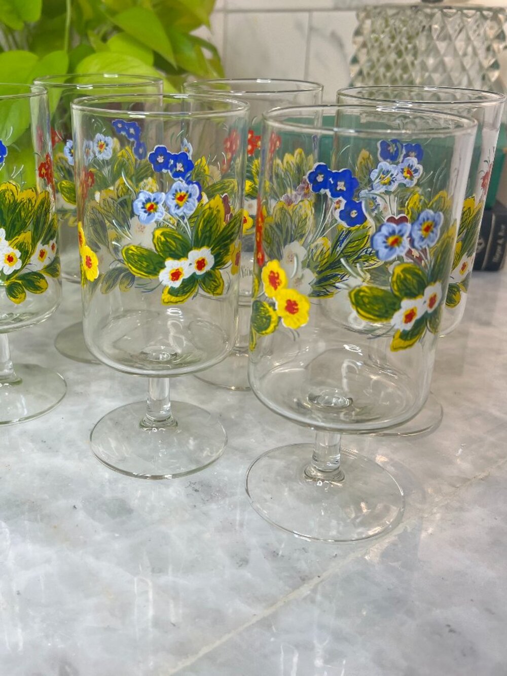 Set of 6 Neiman Marcus Hand Painted Wildflower Floral Goblets, Cottage Garden Wi